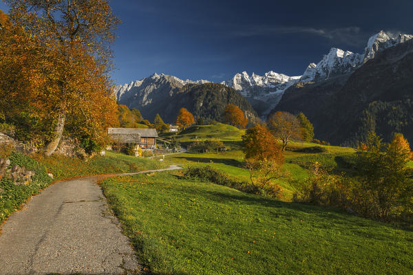 Autumn at the village of Soglio, Maloja region, Canton of Graubunden, Bregaglia valley, Switzerland, Europe