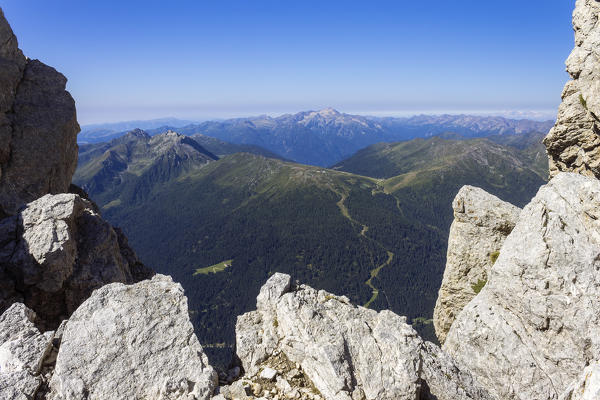 A view of Alps with Cima d'Asta group, valley of San martino di Castrozza with the track to Tognola refuge, panorama from Rosetta mount, Trento province, Trentino Alto Adige, Italy, Europe
