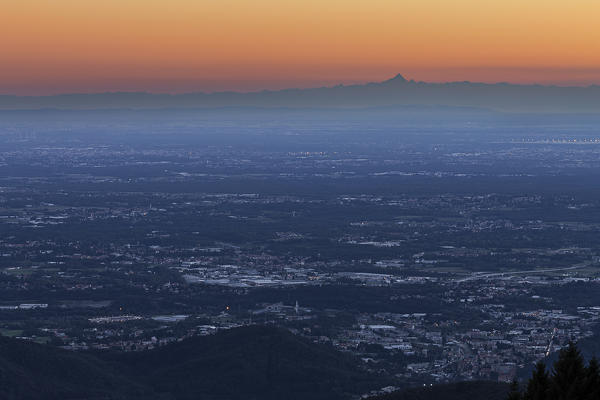 Pianura Padana (Po Valley) at sunset with Monviso in the background,Lombardy, Italy, Europe