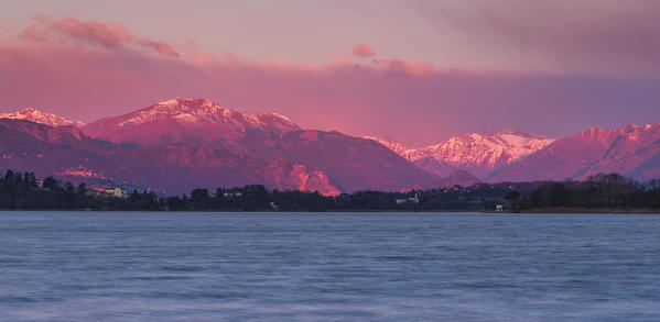 Sunrise on alps from lake Varese, Varese province, Lombardy, Italy, Europe