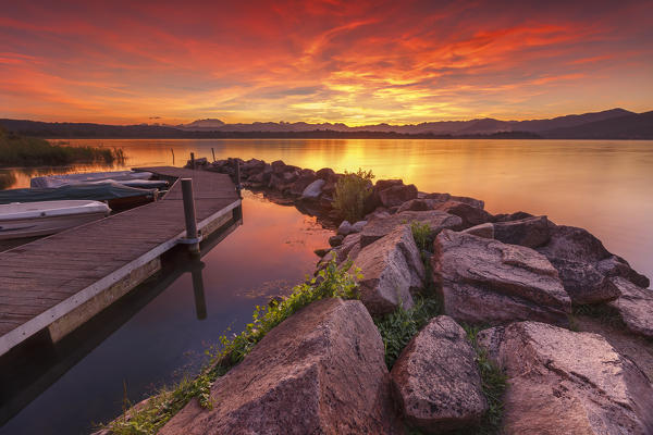 Fire Sunset on lake front of lake Varese from Cazzago Brabbia, Varese province, Lombardy, Italy, Europe
