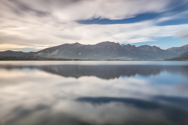 Lecco mountains reflected on lake Annone, Annone di brianza, Lecco province, Brianza, Lombardy, Italy, Europe