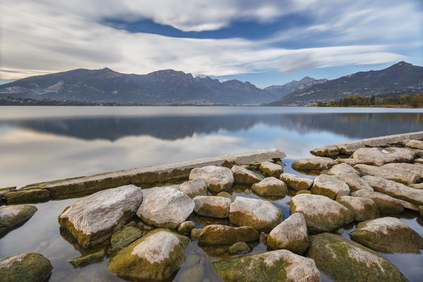 Lecco mountains reflected on lake Annone, Annone di brianza, Lecco province, Brianza, Lombardy, Italy, Europe