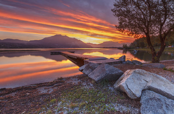 Lecco mountains on fire, sunrise on lake Pusiano, Como and Lecco province, Brianza, Lombardy, Italy, Europe