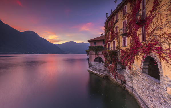 Sunset on Nesso City, lake Como, Como province, Lombardy, Italy, Europe