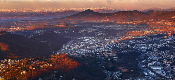 Panorama of Como (Lombardy, Italy) and Chiasso (Canton of Ticino, Switzerland), view from Faro Voltiano of Brunate, Europe