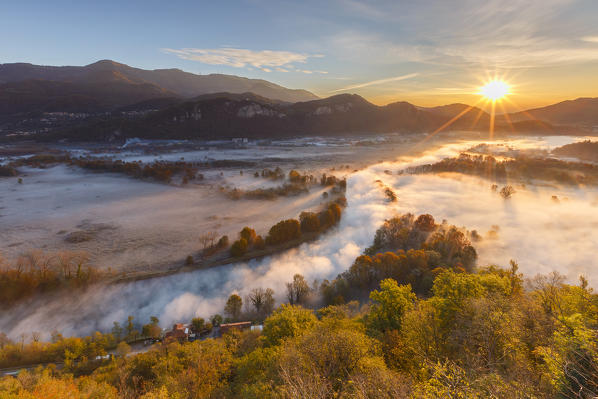 The mists of Adda river, Airuno, Adda Nord park, Lecco province, Brianza, Lombardy, Italy, Europe