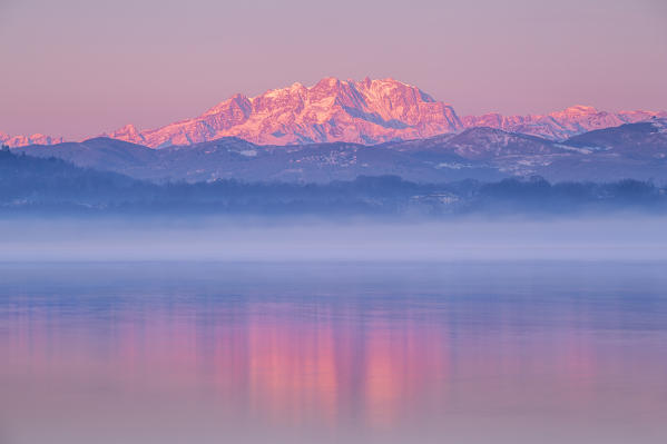 Sunrise on Rosa mount, pink reflections on lake Varese, Varese province, Lombardy, Italy, Europe