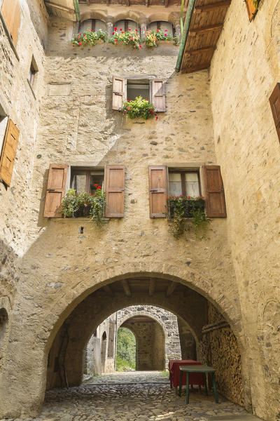 Facade of a Cornello dei Tasso house, Camerata Cornello, Bergamo province, Brembana valley, Lombardy, Italy, Europe