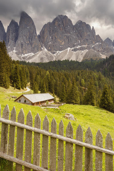 Panorama of Odle Dolomites from Dusler Alm refuge, Funes valley, South Tyrol, Trentino Alto Adige, Bolzano province, Italy, Europe