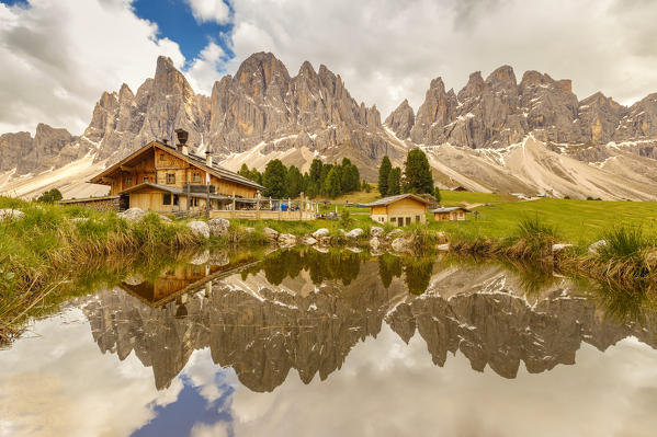 Reflections of Odle group and Geisleralm (Rifugio delle Odle), Funes valley, South Tyrol, Trentino Alto Adige, Bolzano province, Italy, Europe