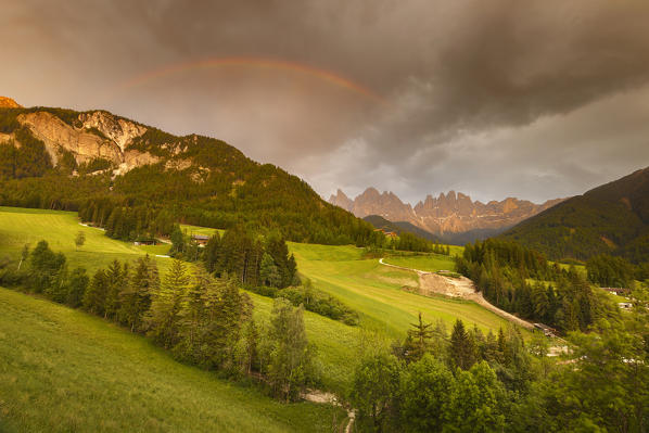 Rainbow after the storm, Santa Magdalena, Funes valley, South Tyrol, Trentino Alto Adige, Bolzano province, Italy, Europe