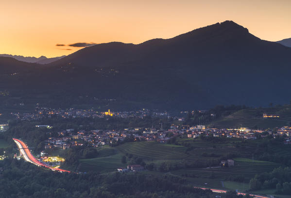 After sunset city light up, Coldrerio and Mendrisio city, Mendrisio district, Canton of Ticino, Switzerland, Europe