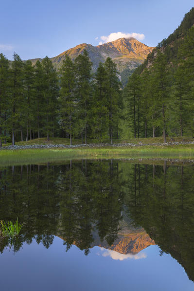 Groppera piz reflected on Gualdera pond, Campodolcino, Spluga valley, Sondrio province, Lombardy, Italy, Europe
