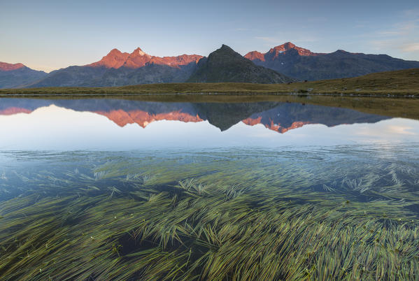 Alps reflected on Lago degli Andossi at sunrise, Spluga valley, Madesimo, Sondrio province, Lombardy, Italy, Europe