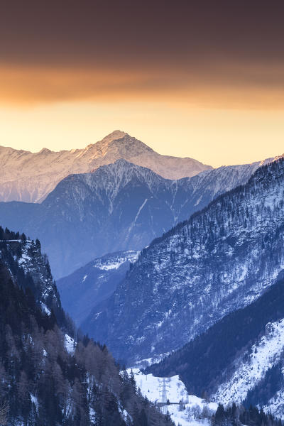 Sunrise on Legnone mount and Berlinghera mount, view from Spluga valley, Madesimo, Sondrio province, Lombardy, Italy, Europe