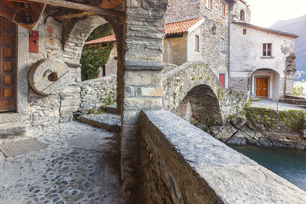 Nesso village with his bridge and porticoed road, lake Como, Como province, Lombardy, Italy, Europe