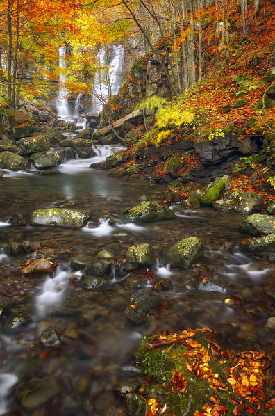 Autumn at Dardagna waterfalls, Corno alle Scale Regional Park, Lizzano in Belvedere, Bologna province, Emilia Romagna, Italy, Europe