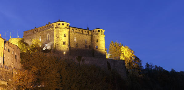 Evening view of Compiano castle, Taro valley, Parma province, Emilia Romagna, Italy, Europe