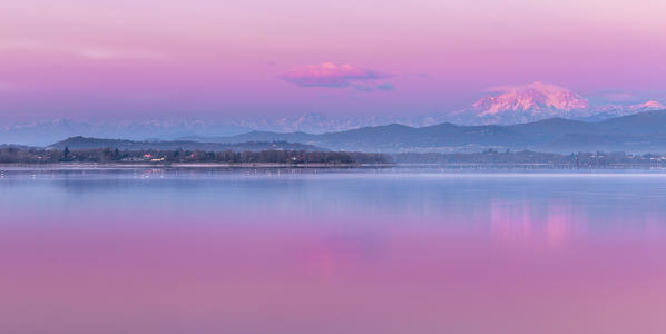 Sunrise on Rosa Mount reflected in Varese lake, Varese province, Lombardy, Italy, Europe
