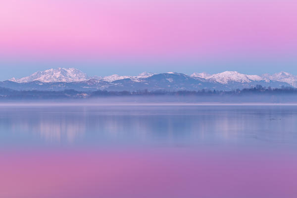 Sunrise on Rosa Mount and Alps reflected in Varese lake, Varese province, Lombardy, Italy, Europe
