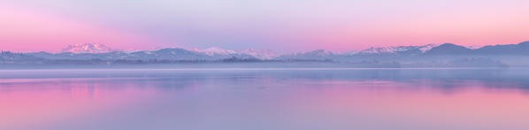 Panoramic of sunrise on Rosa Mount and Alps reflected in Varese lake, Varese province, Lombardy, Italy, Europe
