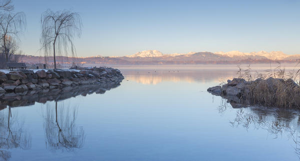 Sunrise on Rosa Mount from Cazzago Brabbia shore, lake Varese, Varese province, Lombardy, Italy, Europe