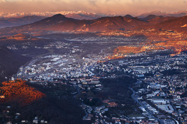 Panorama of Chiasso (Canton of Ticino, Switzerland), seen from Faro Voltiano of Brunate (Como, Lombardy, Italy), Europe