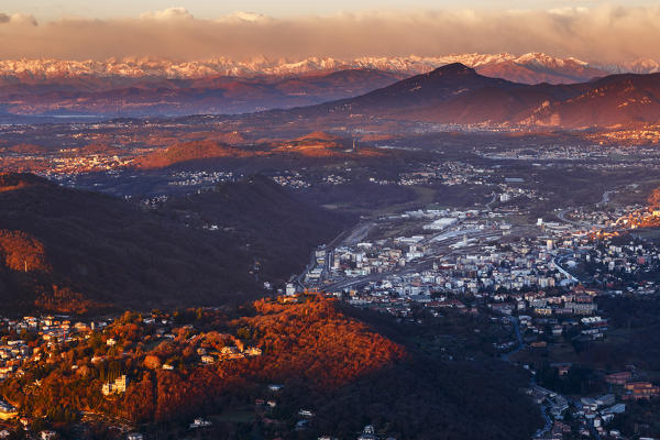 Panorama of Como (Lombardy, Italy) and Chiasso (Canton of Ticino, Switzerland), seen from Faro Voltiano of Brunate, Europe