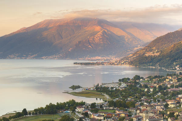 Sunrise on Bregagno mount and view of Sorico village, lake Como, Como province, Lombardy, Italy, Europe