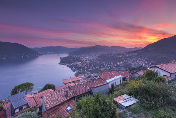 Sunset on lake Como and Cernobbio village, Como province, Lombardy, Italy, Europe