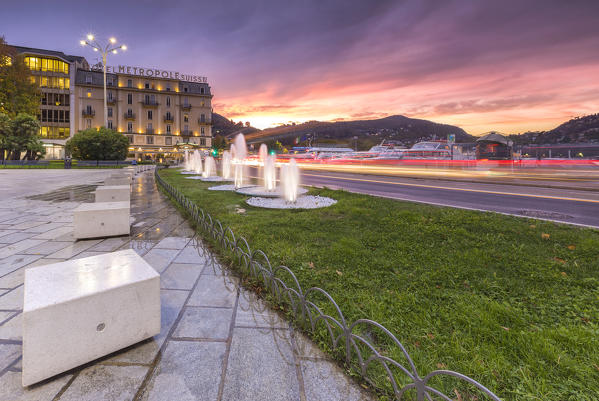 Sunset on Cavour square, lake Como, Como city, Lombardy, Italy, Europe