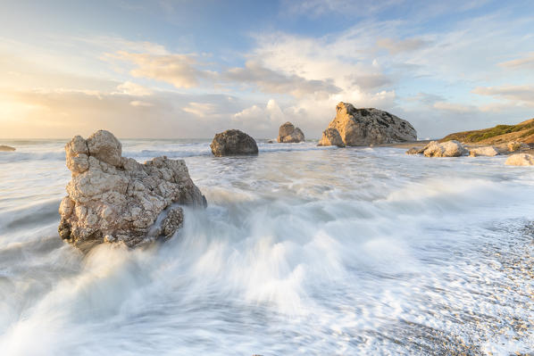 Cyprus, Paphos, Petra tou Romiou also known as Aphrodite’s Rock at sunrise