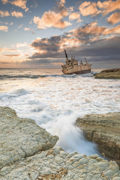 Cyprus, Paphos, Coral Bay, the shipwreck of Edro III at sunset