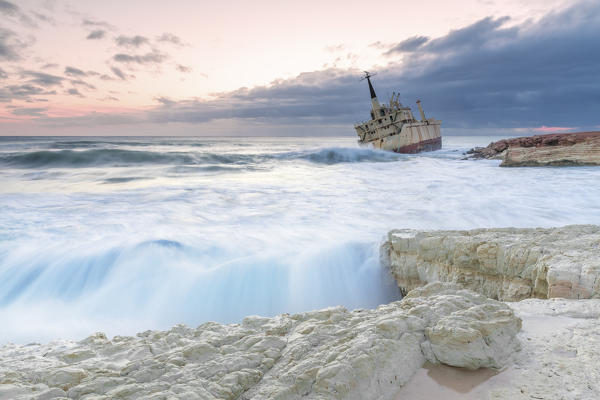 Cyprus, Paphos, Coral Bay, the shipwreck of Edro III at sunset