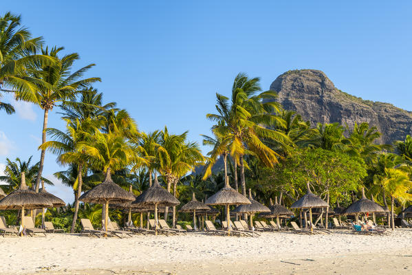 The beach of the Beachcomber Paradis Hotel at sunset, Le Morne Brabant Peninsula, Black River (Riviere Noire), Mauritius (PR)