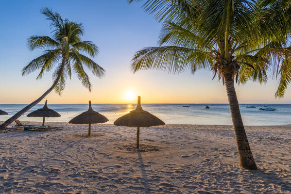 The beach of the Beachcomber Paradis Hotel at sunset, Le Morne Brabant Peninsula, Black River (Riviere Noire), Mauritius (PR)