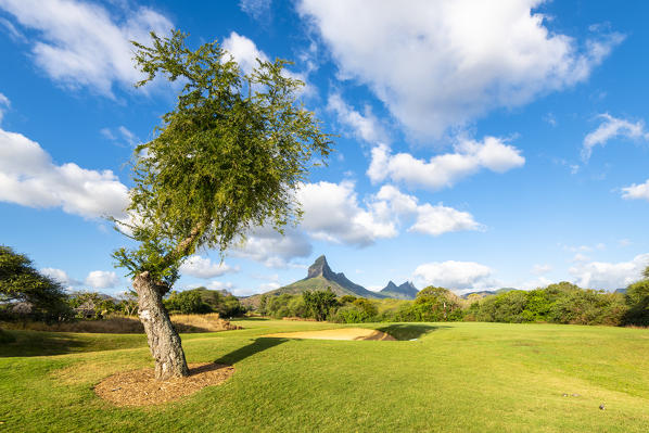The golf course of the Tamarina Golf club with Rempart mountain in the background. Tamarin, Black River (Riviere Noir), Mauritius, Africa
