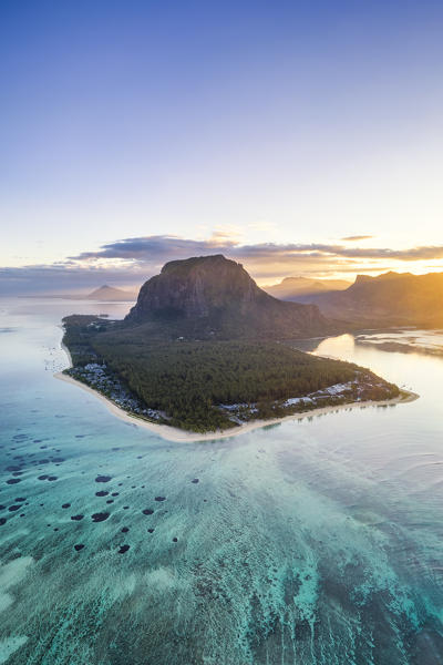 Aerial view of Le Morne Brabant peninsula during the sunrise. Le Morne, Black River (Riviere Noire), West coast, Mauritius