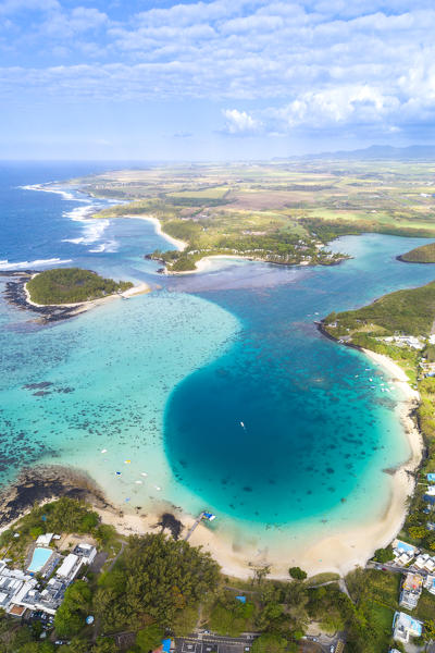 Aerial view of Blue Bay and Ile des deus cocos. Blue Bay, Grand port district, East coast Mauritius, Africa. 