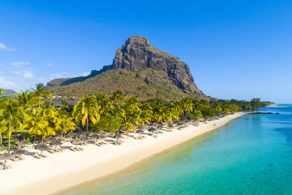 Aerial view of the beach of the Beachcomber Paradis Hotel, Le Morne Brabant Peninsula, Black River (Riviere Noire), Mauritius (PR)