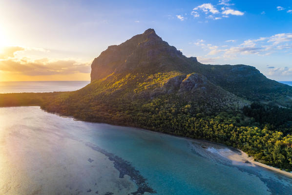 Aerial view of Le Morne Brabant mountain during the sunset. Le Morne, Black River (Riviere Noire), West coast, Mauritius
