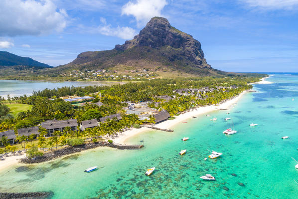 Aerial view of the beach of the Beachcomber Paradis Hotel, Le Morne Brabant Peninsula, Black River (Riviere Noire), Mauritius (PR)