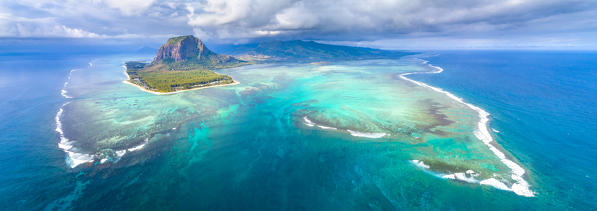 Aerial view of Le Morne Brabant peninsula and the Underwater Waterfall. Le Morne, Black River (Riviere Noir), West coast, Mauritius, Africa