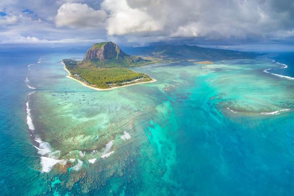 Aerial view of Le Morne Brabant peninsula and the Underwater Waterfall. Le Morne, Black River (Riviere Noir), West coast, Mauritius, Africa
