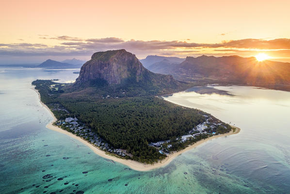 Aerial view of Le Morne Brabant peninsula during the sunrise. Le Morne, Black River (Riviere Noire), West coast, Mauritius