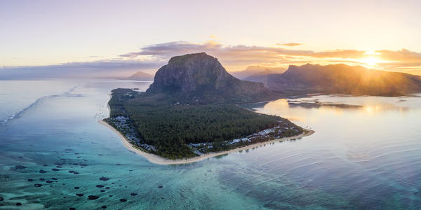 Aerial view of Le Morne Brabant peninsula during the sunrise. Le Morne, Black River (Riviere Noire), West coast, Mauritius