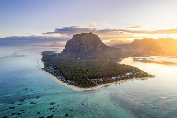 Aerial view of Le Morne Brabant peninsula during the sunrise. Le Morne, Black River (Riviere Noire), West coast, Mauritius