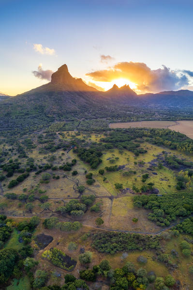 Aerial view of Rempart mountain and Trois mamelles mountain during the sunrise. Tamarin, Black River (Riviere Noire), West coast, Mauritius, Africa