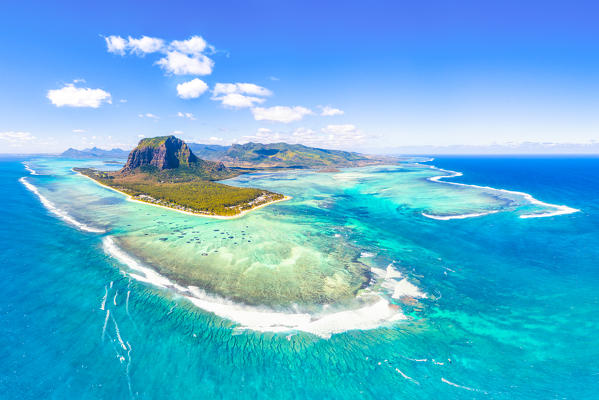 Aerial view of Le Morne Brabant Peninsula and the Underwater waterfall. Le Morne, Black River (Riviere Noir), West Coast, Mauritius, Africa